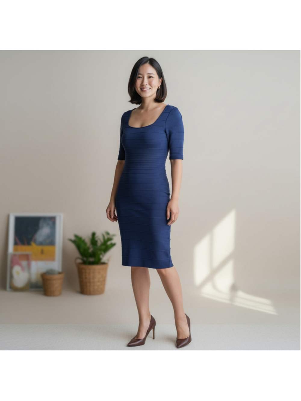 Size 16 Bisou Bisou Midi Dress Navy Blue Short Sleeve stretchy dress